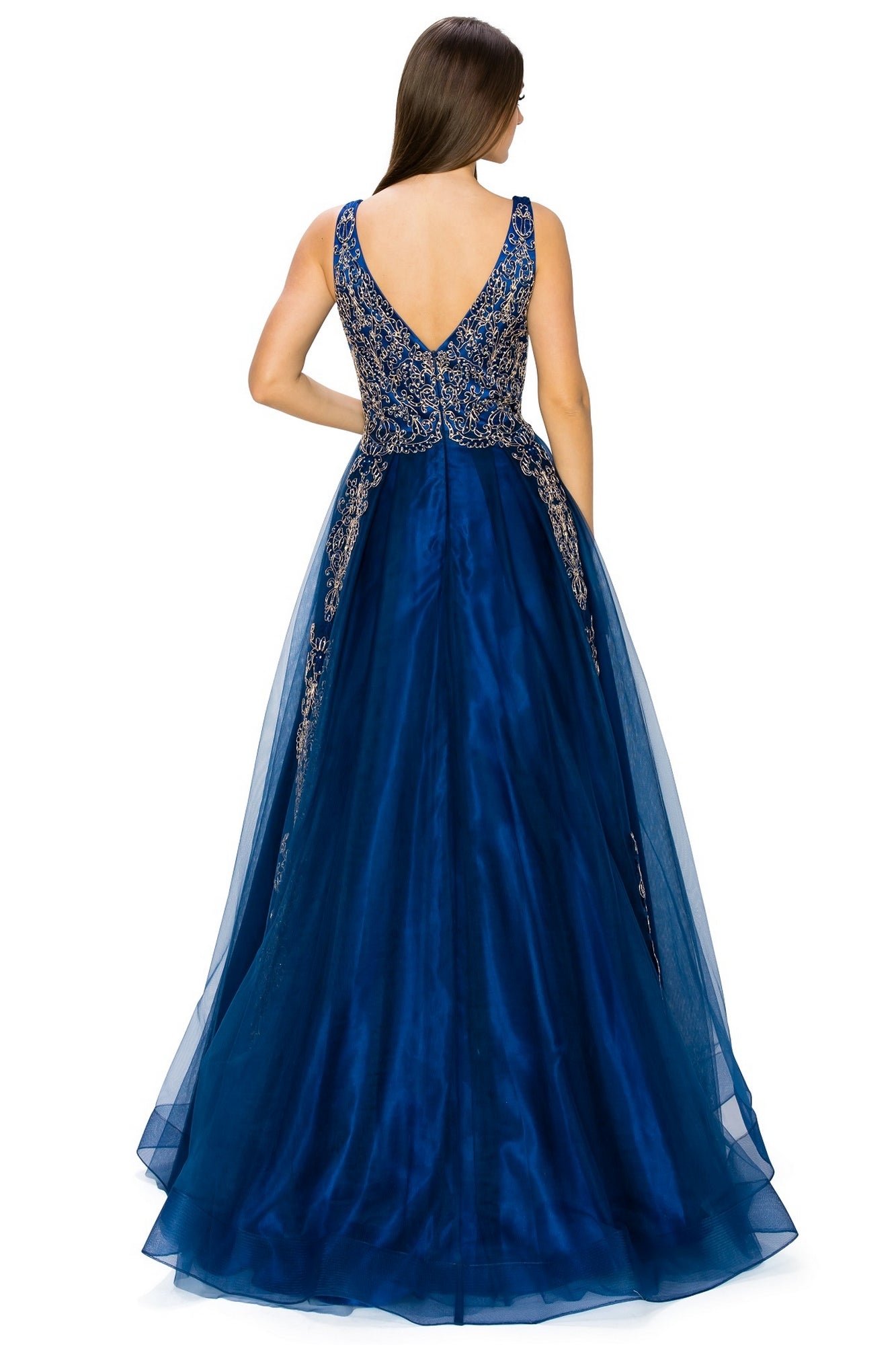 A woman in the A-Line Gold-Embroidered Long Prom Ball Gown 8029J—a floor-length gown with intricate gold embroidery—faces away from the camera.